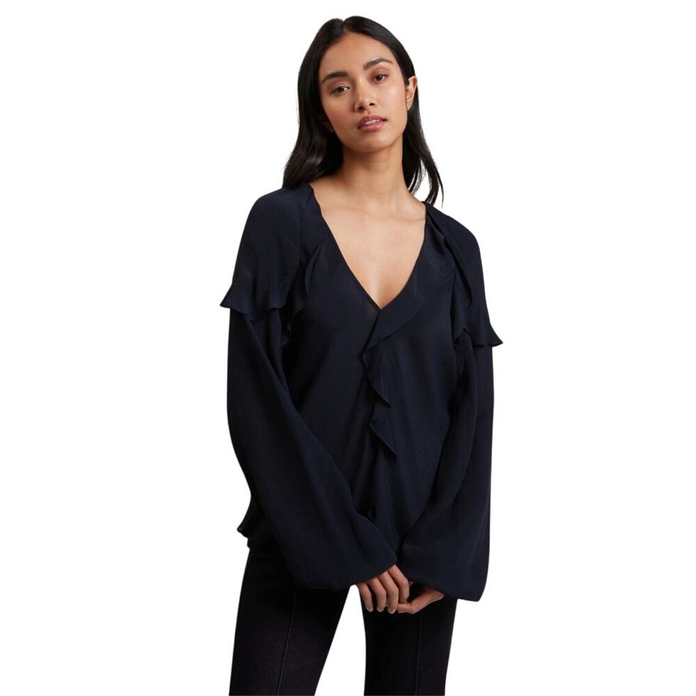 Ted Baker Navy Ruffle V Neck Flowy Blouse Long Sleeve Career Top Sz 16